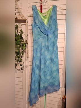 Donna Ricco 100% Silk Lime Green and Aqua Patterned Midi Dress Sz 8